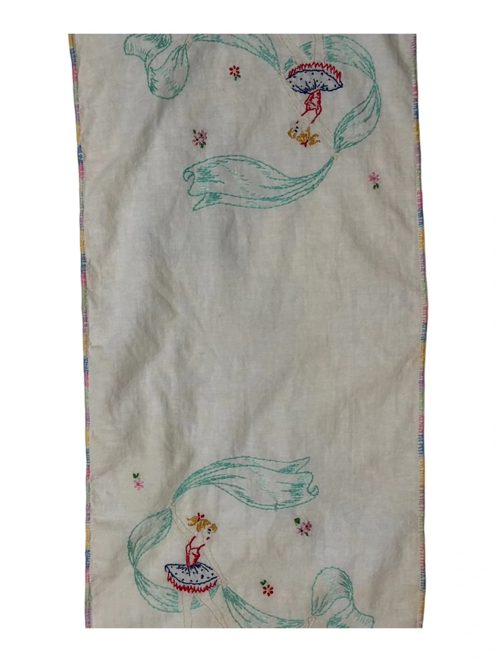 Vint Embroidered Dresser Scarf Ballerina Dancers Flowers Teal Streamers Ribbons